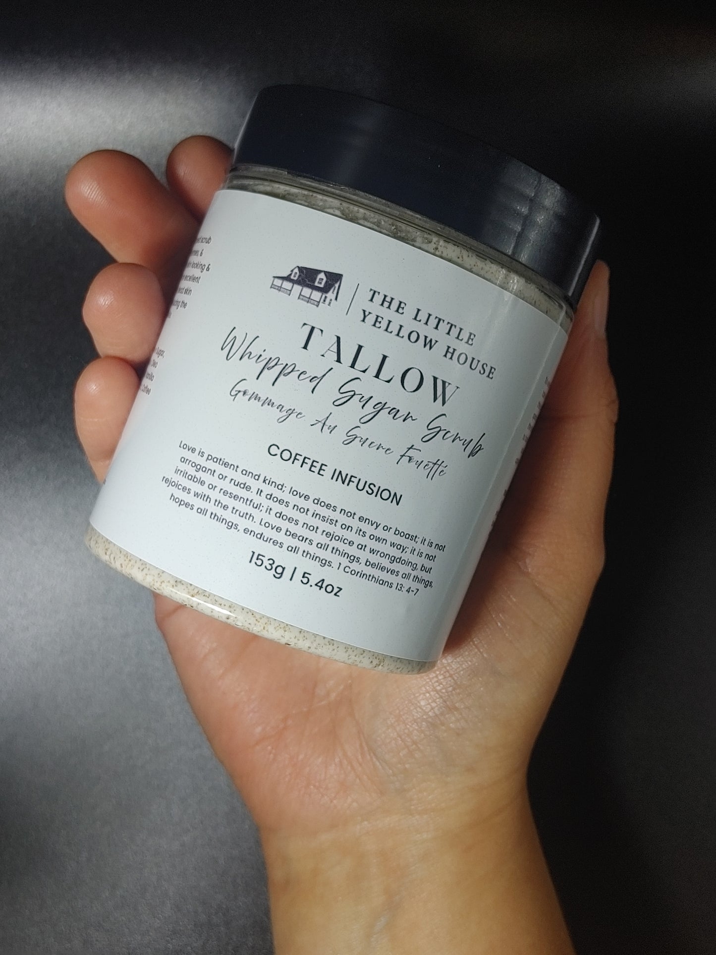 fluffy whipped tallow scrub from a jar, soft, exfoliating texture. Made with Vancouver Island coffee and tallow for a nourishing, aromatic skin treat.