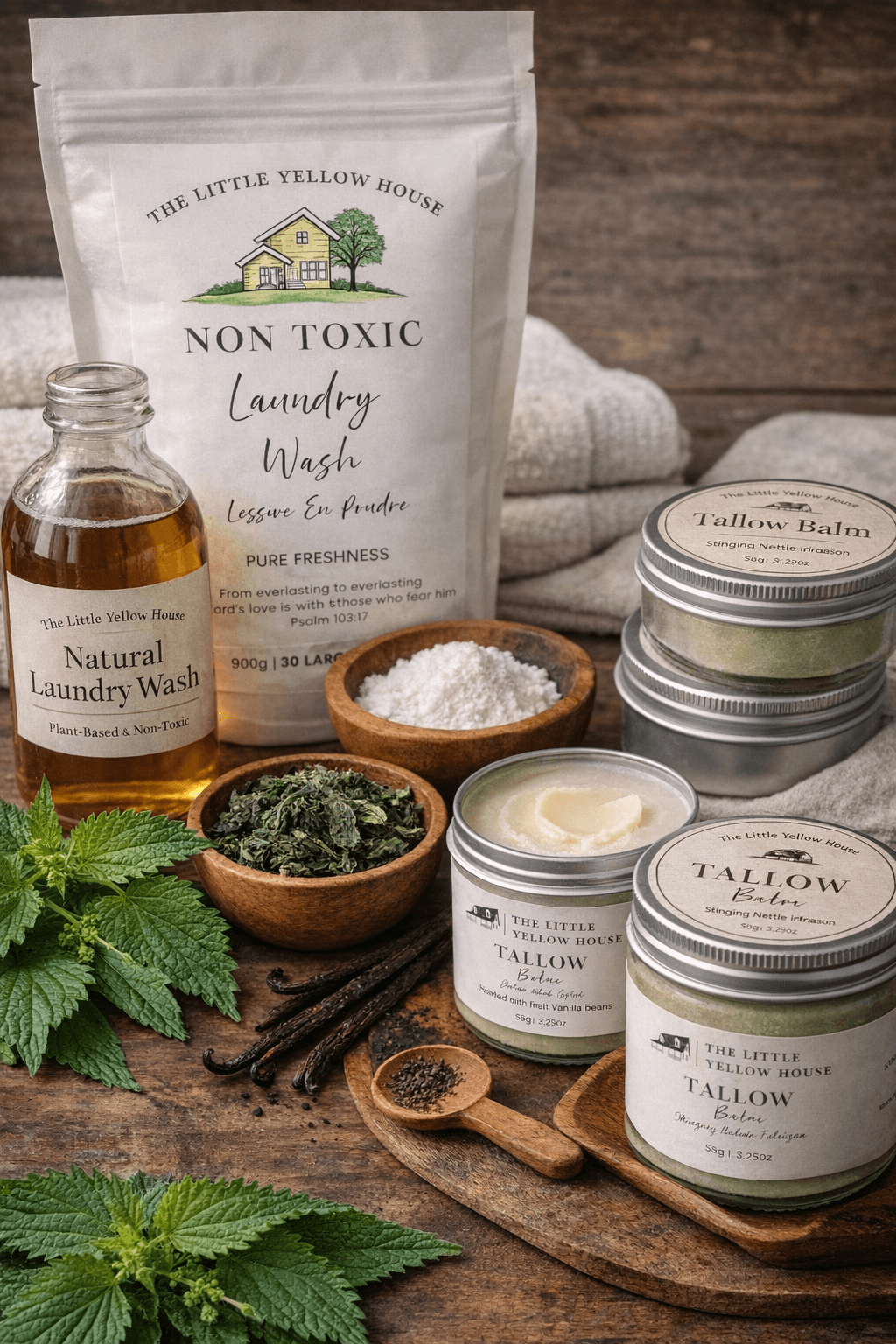 Tallow balm and natural laundry wash with nettle and vanilla