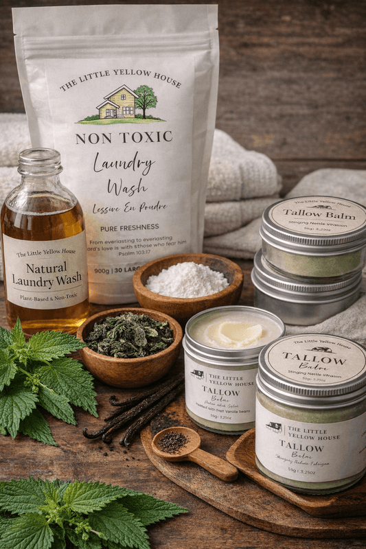 Tallow balm and natural laundry wash with nettle and vanilla