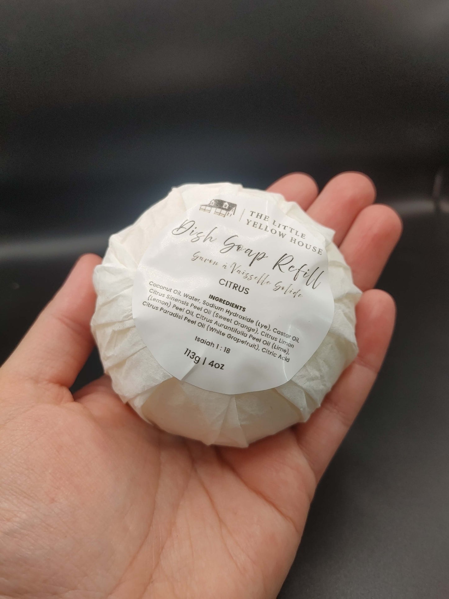 Hand Holding the solid dish soap refill to show proportion and size