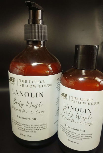 Two bottles of 'The Little Yellow House' Lanolin Body Wash on a dark background-Cashmere Silk