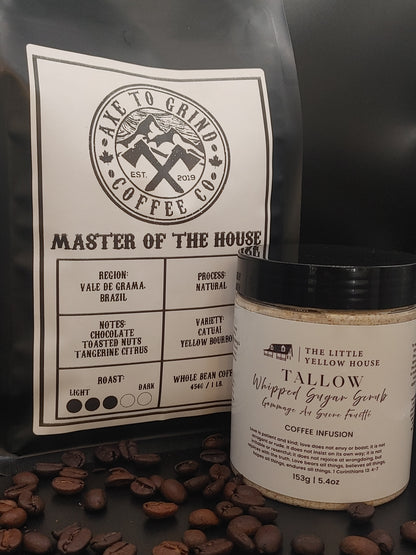 Luxurious whipped tallow sugar scrub in a clear jar, lightly speckled with coffee grounds. Crafted with grass-fed tallow and roasted coffee from Vancouver Island
