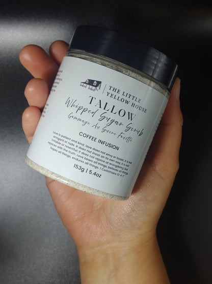 fluffy whipped tallow scrub from a jar, soft, exfoliating texture. Made with Vancouver Island coffee and tallow for a nourishing, aromatic skin treat.