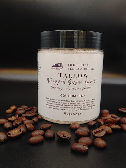 A close-up of a whipped tallow sugar scrub with a rich, creamy texture. Made with Vancouver Island grass-fed tallow and local coffee, the scrub shows fine sugar crystals and a light coffee tint